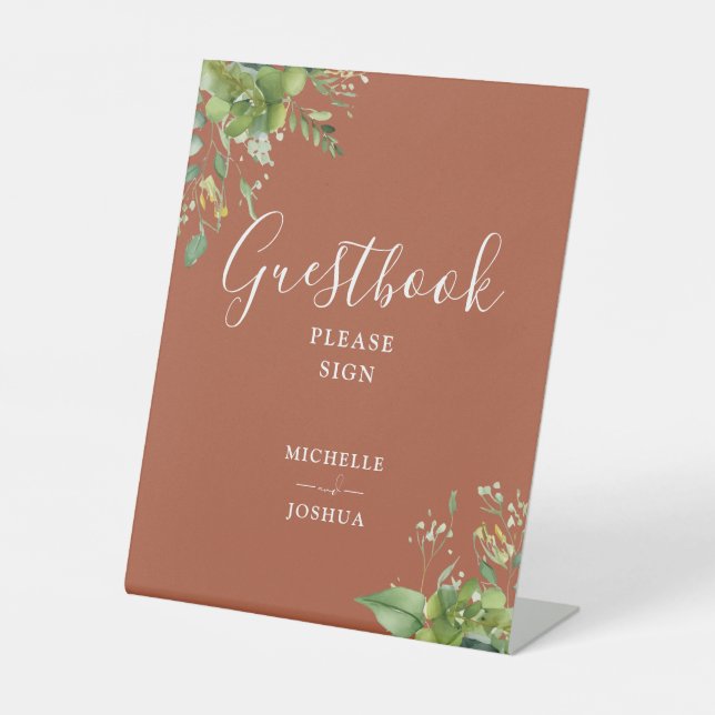 Greenery Floral Terracotta Guestbook Pedestal Sign (Front)