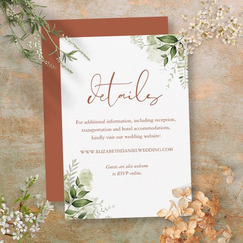 Greenery Floral Terracotta Script Wedding Details Enclosure Card