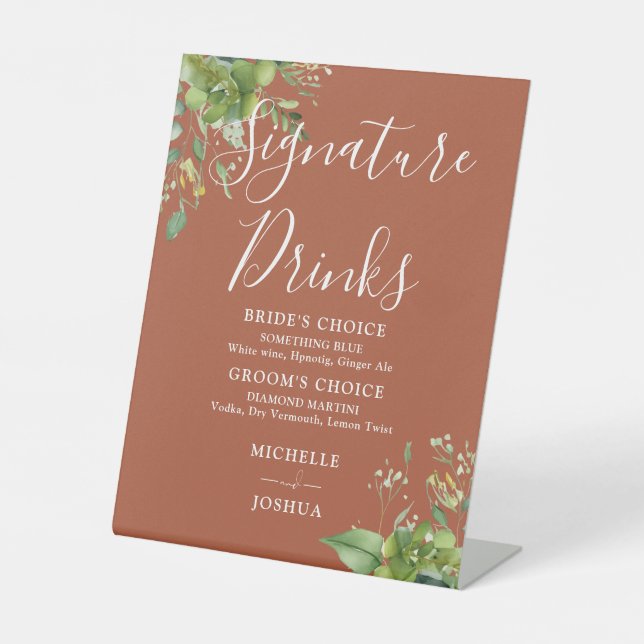 Greenery Floral Terracotta Signature Drinks Pedestal Sign (Front)