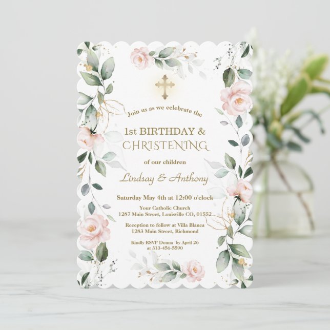 Greenery Floral Twins 1st Birthday & Christening  Invitation (Standing Front)