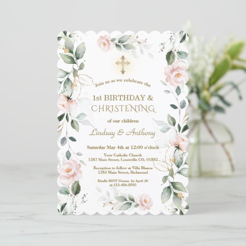 Greenery Floral Twins 1st Birthday  Christening  Invitation