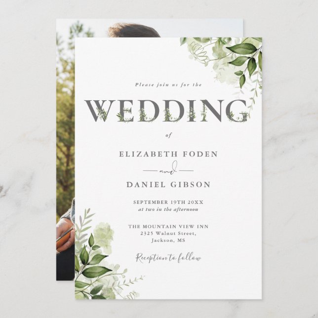 Greenery Floral Typography Photo Wedding Invitation (Front/Back)