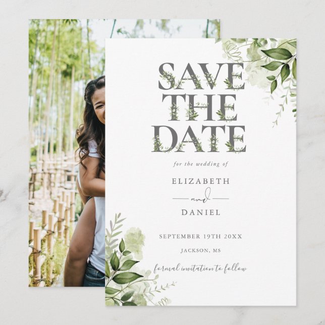 Greenery Floral Typography Photo Wedding Save The Date (Front/Back)
