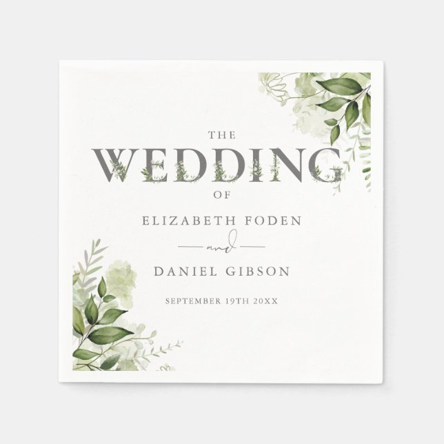 Greenery Floral Typography Wedding Napkins (Front)