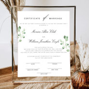 Greenery Floral Wedding Certificate Of Marriage Poster at Zazzle