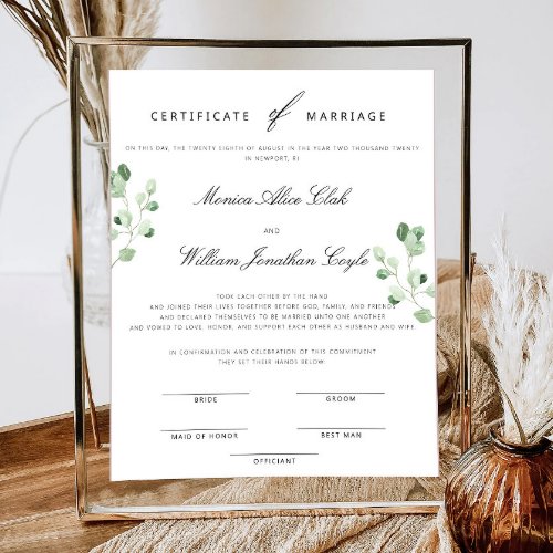 Greenery Floral Wedding Certificate Of Marriage Poster