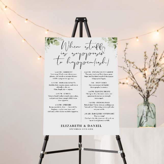 Greenery Floral Wedding Itinerary Sign (In Situ (Stand))