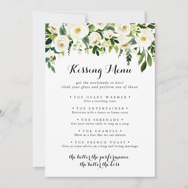 Greenery Floral Wedding Kissing Menu Game Card (Front)