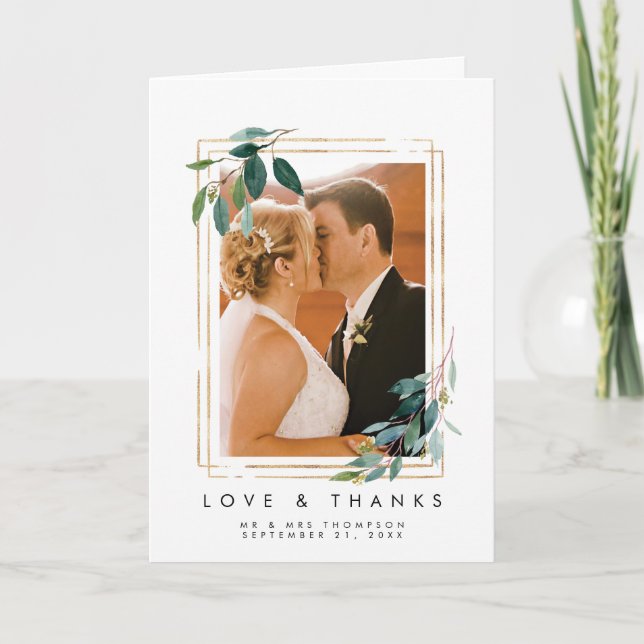 greenery floral wedding love & thanks photo card (Front)
