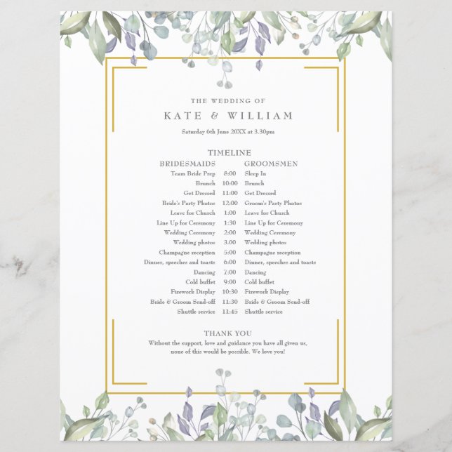 Greenery Floral Wedding Schedule Timeline (Front)