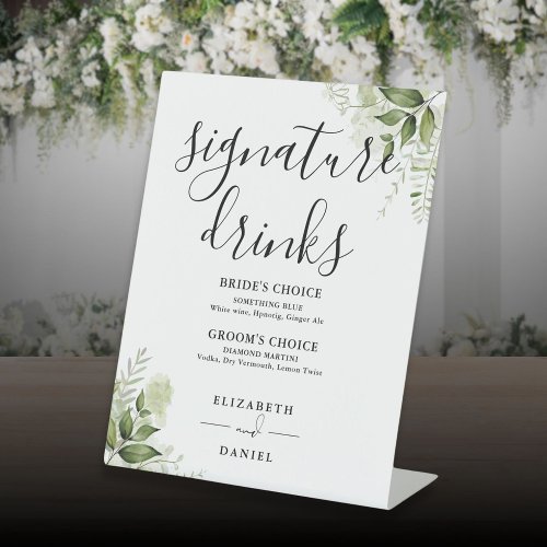 Greenery Floral Wedding Signature Drinks Pedestal Sign