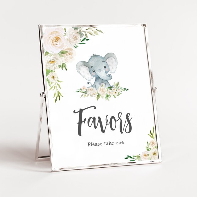 Greenery Floral White Elephant Baby Shower Favors Poster (A Little Peanut is on the Way Baby Shower Favors Sign)
