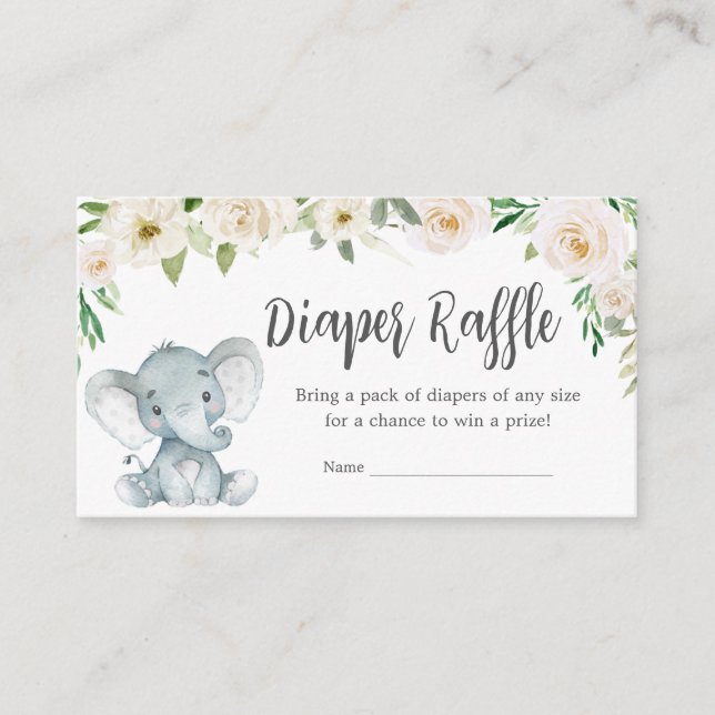 Greenery Floral White Elephant Diaper Raffle Enclosure Card (Front)