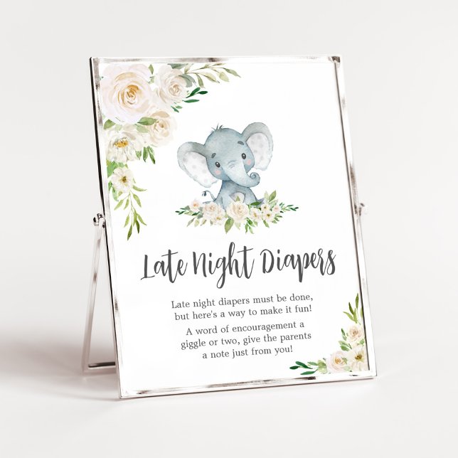 Greenery Floral White Elephant Late Night Diapers Poster (A Little Peanut is on the Way Baby Shower Late Night Diapers Sign)