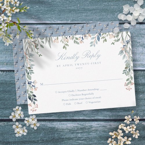 Greenery Floral Wildflowers Dusty Blue Wedding RSVP Card