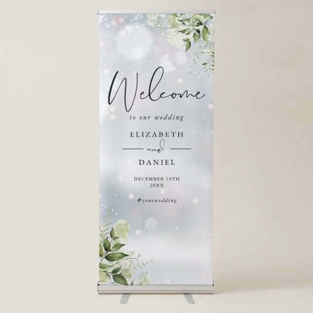 Greenery Floral Winter Wedding Welcome Retractable Banner (Front)