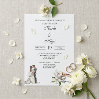 Greenery floral with ring Spanish Wedding Invitation