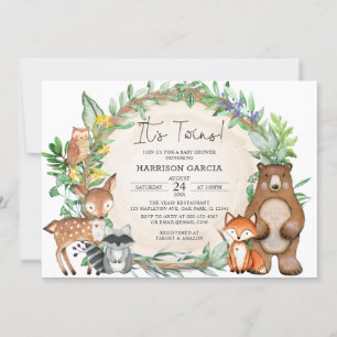 Greenery Floral Woodland Animals Twins Baby Shower Invitation
