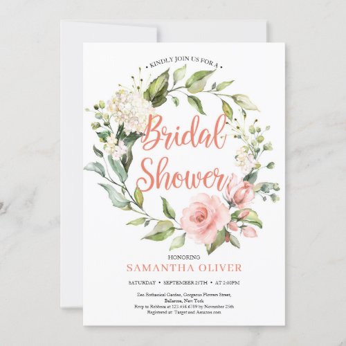 Greenery floral wreath blush pink Bridal Shower Invitation