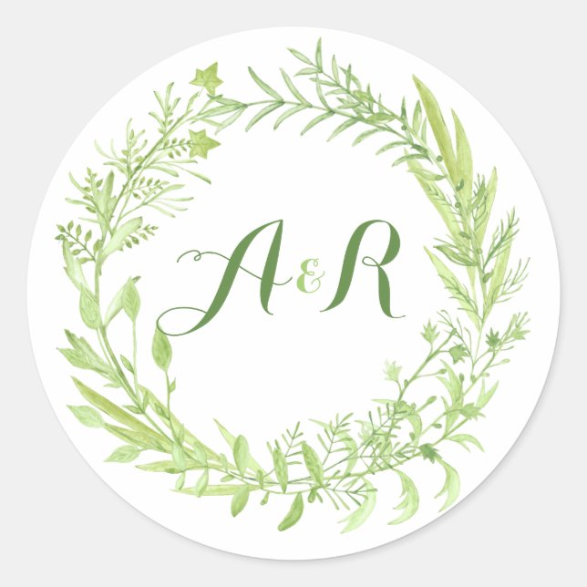 Greenery Floral Wreath Monogram Wedding Classic Round Sticker (Front)