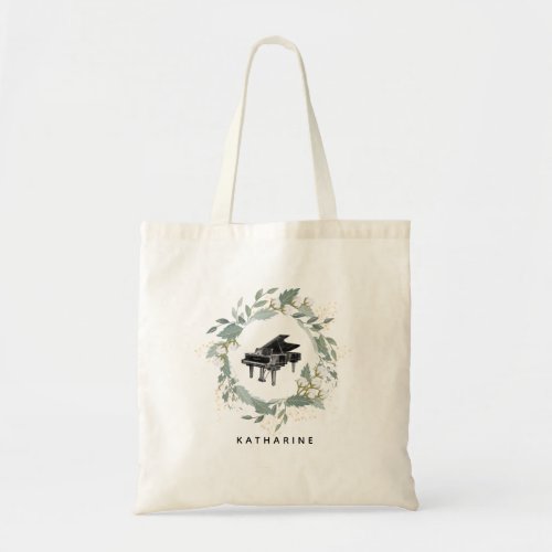 Greenery Floral Wreath VIntage Black Piano Tote Bag