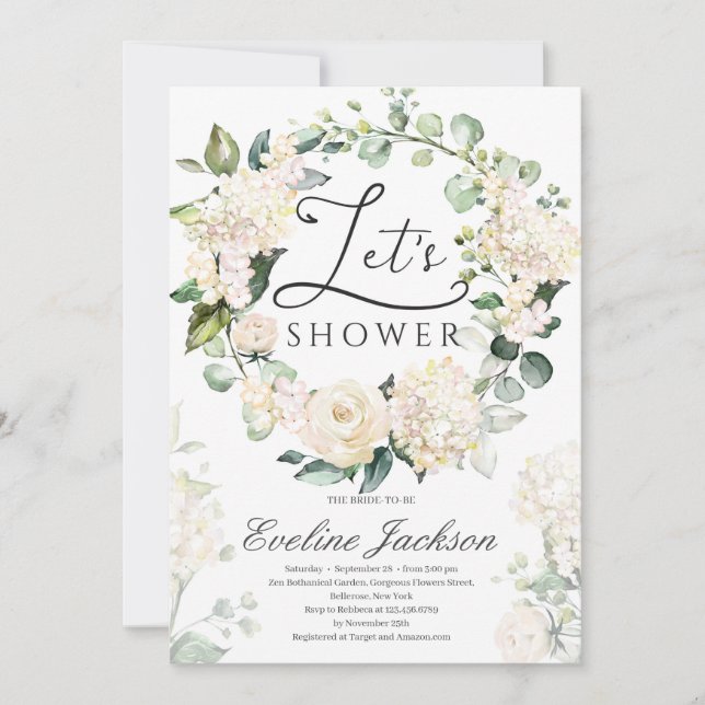 Greenery floral wreath white roses gold geometric invitation (Front)