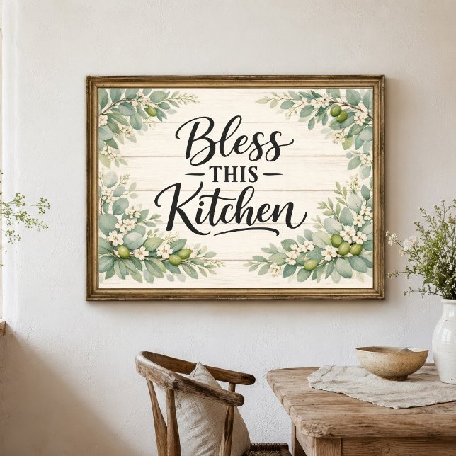 Greenery Florals Bless This Kitchen Wall Art Poste (Bless This Kitchen Farmhouse Country Rustic Kitchen Wall Art Poster Print. Greenery and Florals)