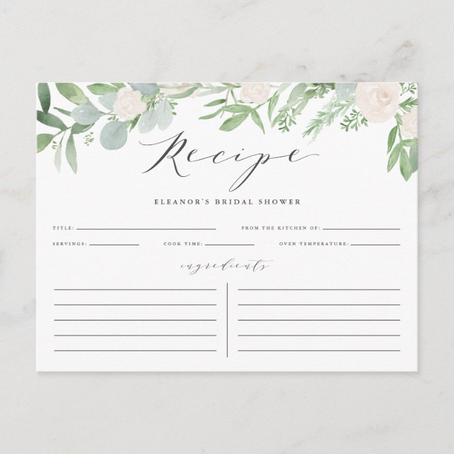 Greenery Florals Gray Bridal Shower Recipe Card (Front)