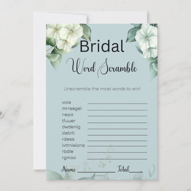 Greenery & Flowers Bridal Blue Word Scramble Game Invitation (Front)