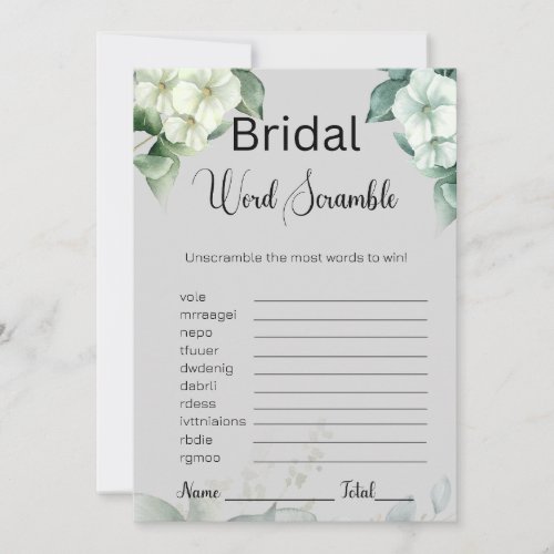 Greenery  Flowers Bridal Gray Word Scramble Game Invitation