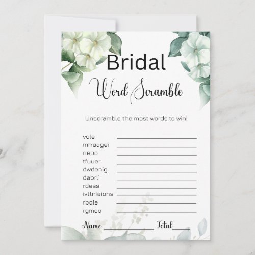 Greenery  Flowers Bridal White Word Scramble Game Invitation