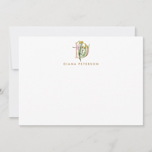 Greenery & Flowers Monogram Letter D Personalized Note Card (Front)