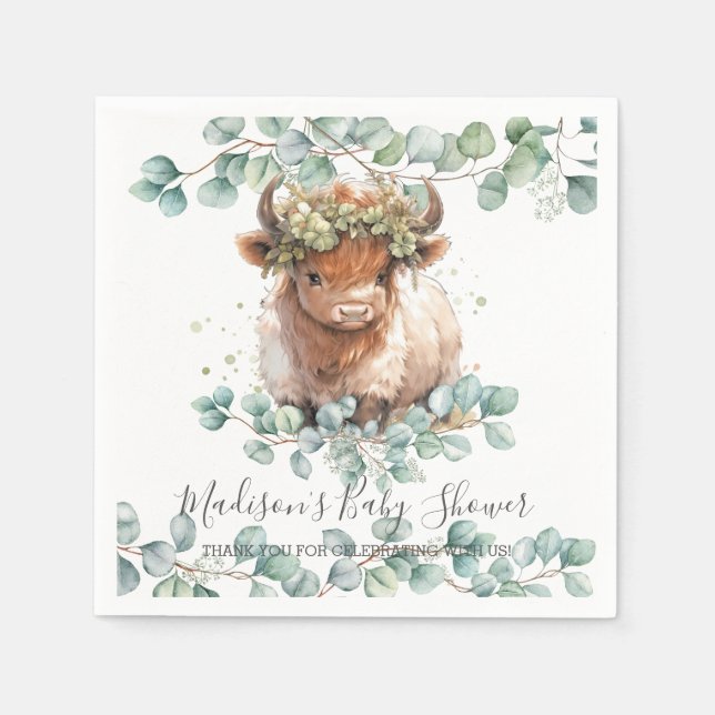 Greenery Fluffy Highland Cow Baby Shower Birthday  Napkins (Front)