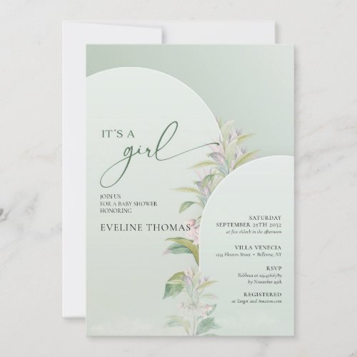 greenery folaige blush floral boho Its a Girl Invitation