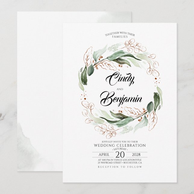 Greenery Foliage and Copper Leaves Elegant Wedding Invitation (Front/Back)