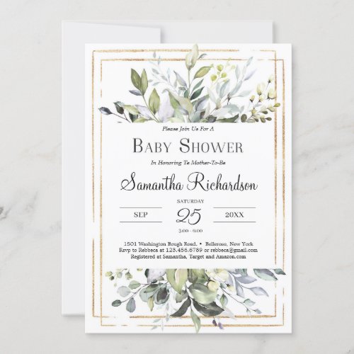 Greenery Foliage and GOld Geometric Boho Baby Invitation