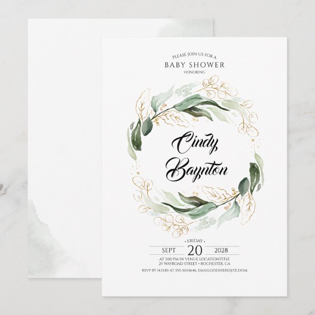 Greenery Foliage and Gold Leaves Baby Shower Invitation (Front/Back)