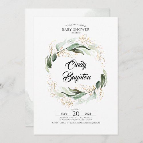 Greenery Foliage and Gold Leaves Baby Shower Invitation