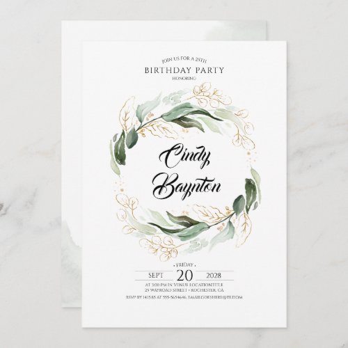 Greenery Foliage and Gold Leaves Birthday Party Invitation