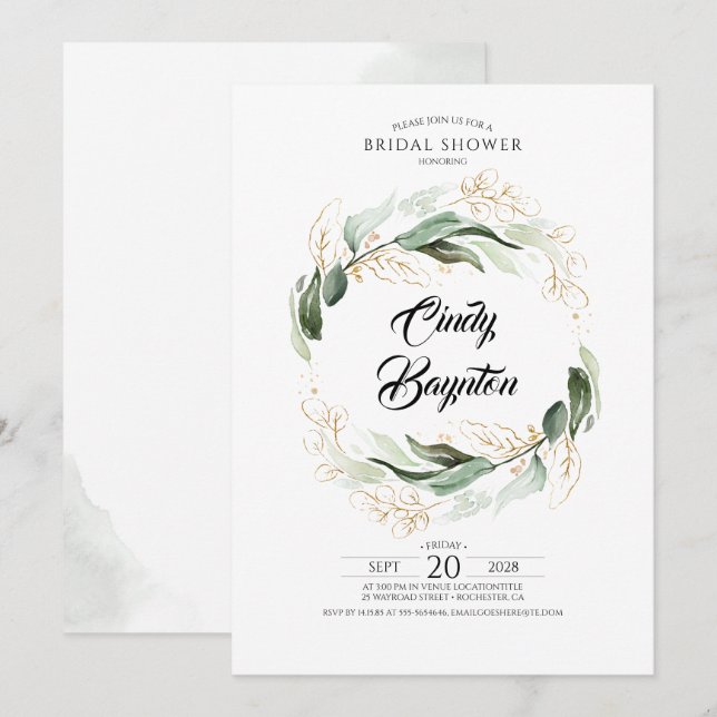 Greenery Foliage and Gold Leaves Bridal Shower Invitation (Front/Back)