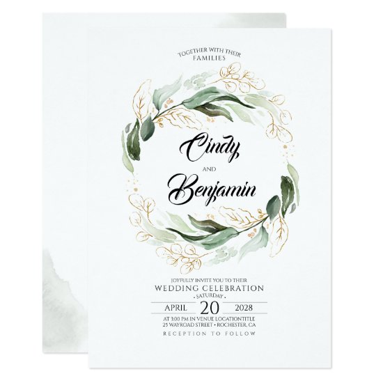 Greenery Foliage and Gold Leaves Elegant Wedding Invitation
