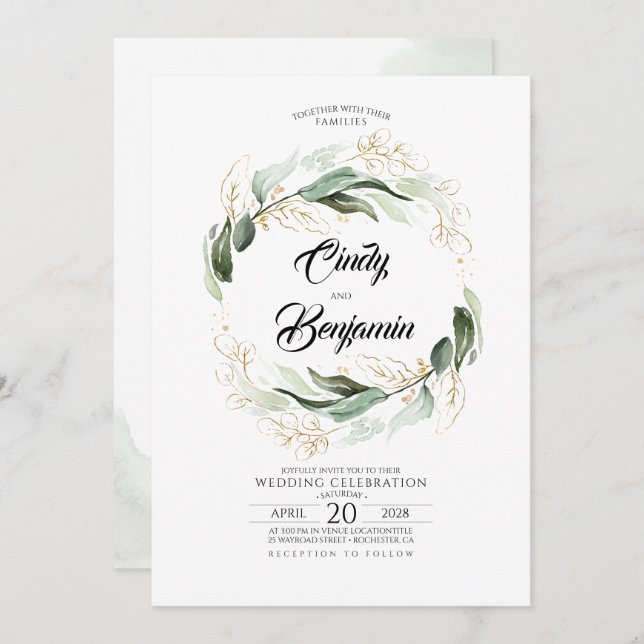Greenery Foliage and Gold Leaves Elegant Wedding Invitation (Front/Back)