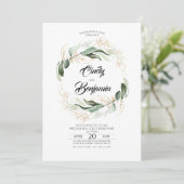 Greenery Foliage and Gold Leaves Elegant Wedding Invitation (Standing Front)