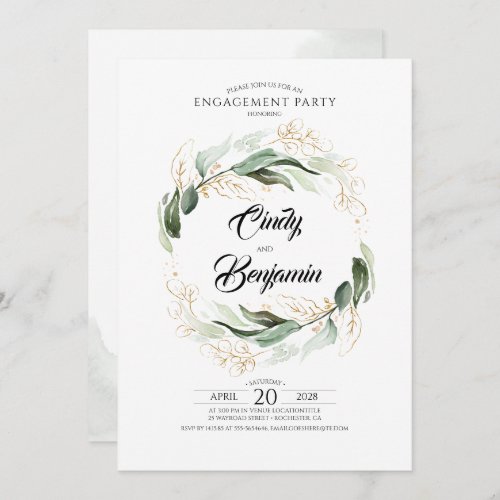 Greenery Foliage and Gold Leaves Engagement Party Invitation