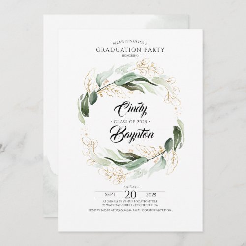Greenery Foliage and Gold Leaves Graduation Party Invitation