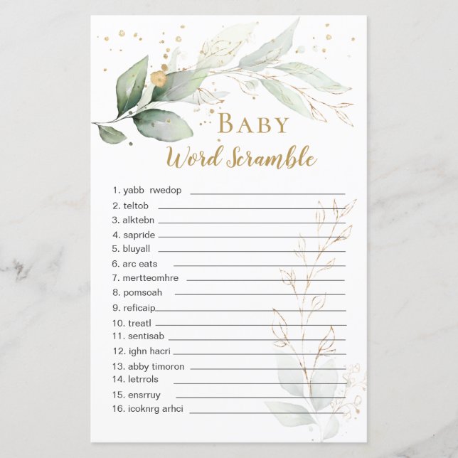 Greenery Foliage Baby Word Scramble Paper Sheet (Front)