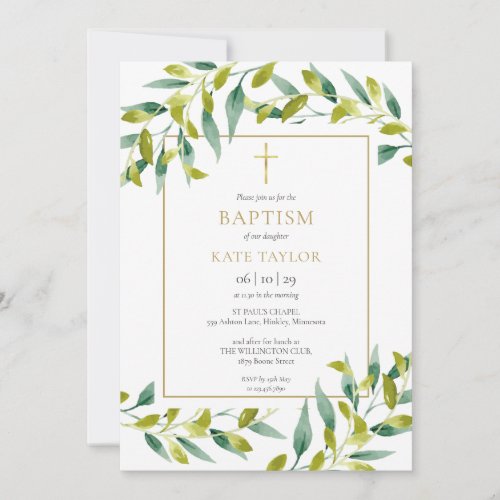 Greenery Foliage Baptism Christening Invitation