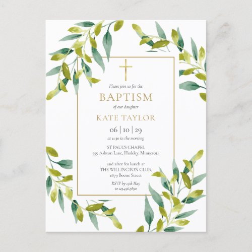 Greenery Foliage Baptism Christening Invitation Postcard