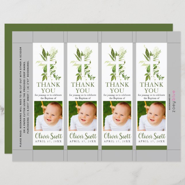 Greenery Foliage Baptism Photo Bookmark (Front/Back)