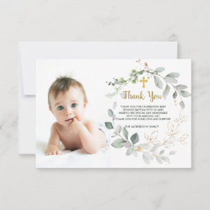 Greenery foliage Baptism Photo Flat Thank You Card